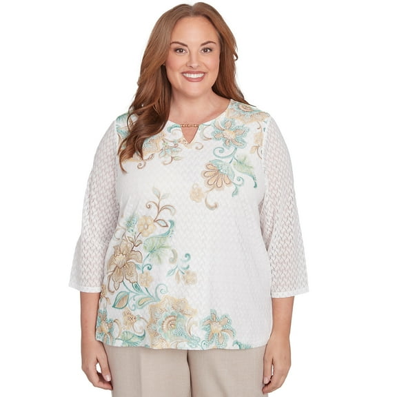 Alfred Dunner Womens Plus-Size Textured Knit Scroll Split Neck Top