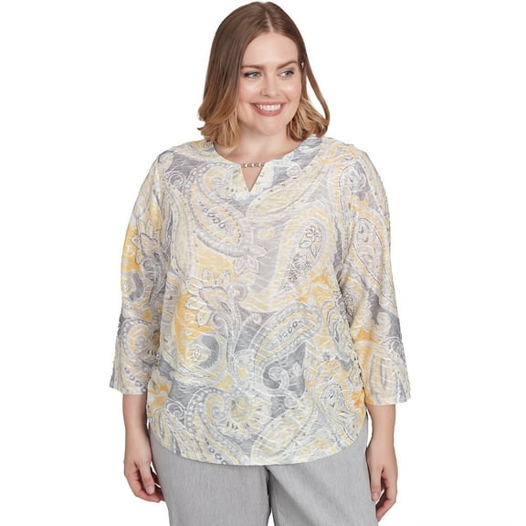 Alfred Dunner Womens Plus-Size Textured Paisley Beaded Neck Top