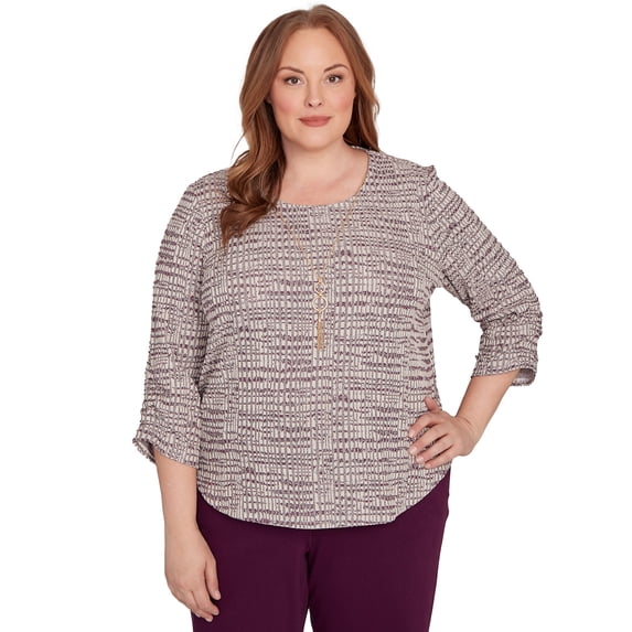 Alfred Dunner Womens Plus-Size Textured Shimmer Space Dye Top With Necklace