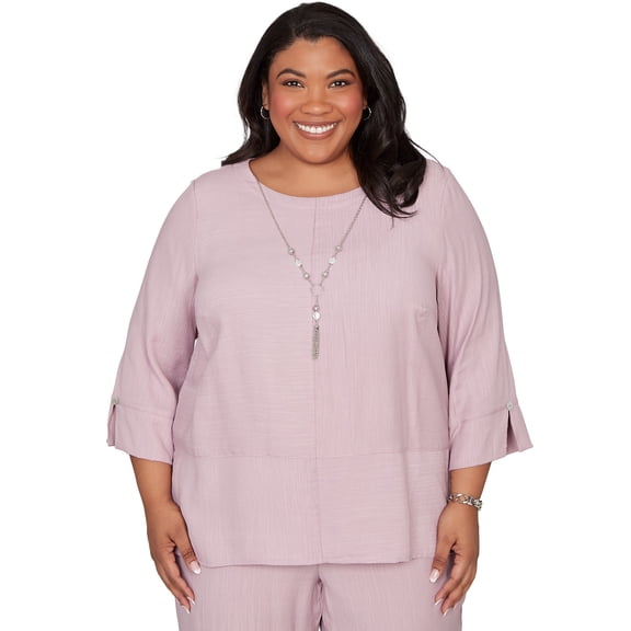 Alfred Dunner Womens Plus-Size Textured Spliced Rose Top With Necklace
