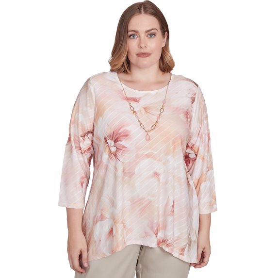 Alfred Dunner Womens Plus-Size Textured Watercolor Flower Top With Necklace
