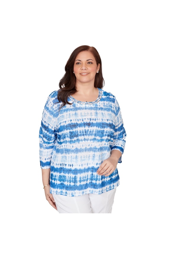 Womens Plus-Size Tie Dye Biadere Knotted Crew Neck Top