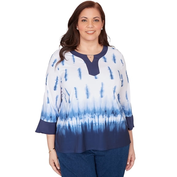 Alfred Dunner Womens Plus-Size Tie Dye Border Split Neck Top