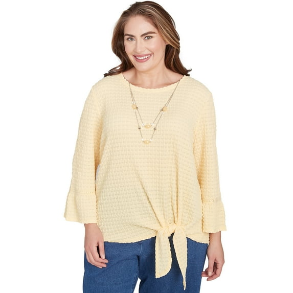 Alfred Dunner Womens Plus-Size Tie Front Textured Tee With Necklace
