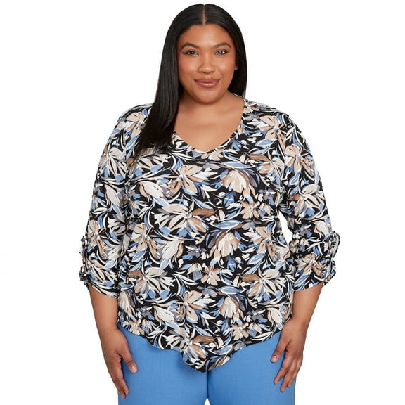 Alfred Dunner Womens Plus-Size Tie Sleeve Brushstroke Floral Knit Top