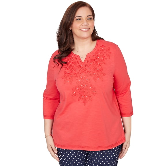 Alfred Dunner Womens Plus-Size Tonal Embroidered Split Neck Top