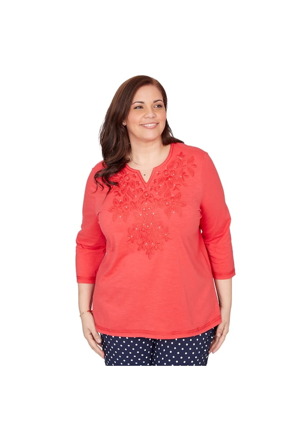 Womens Plus-Size Tonal Embroidered Split Neck Top