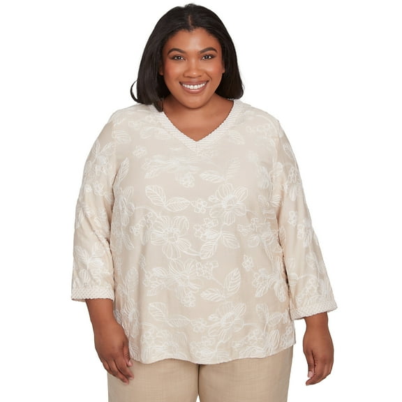 Alfred Dunner Womens Plus-Size Tossed Floral Embroidery V-Neck Top