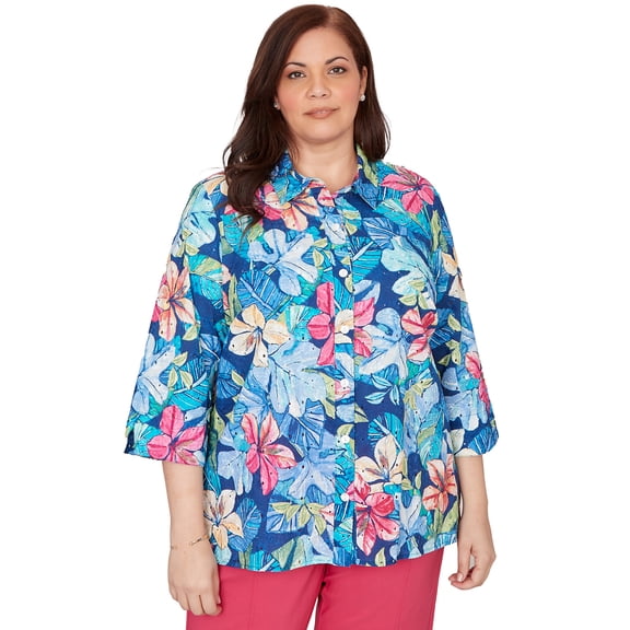Alfred Dunner Womens Plus-Size Tropical Eyelet Button Down Top