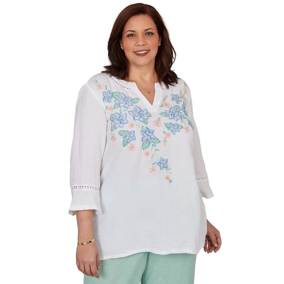 Alfred Dunner Womens Plus-Size Tropical Floral Split Neck Embroidered Top