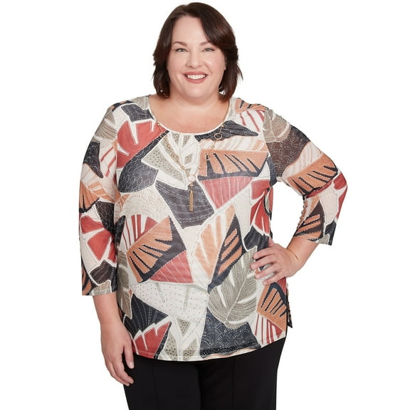 Alfred Dunner Womens Plus-Size Tropical Mesh Top With Necklace