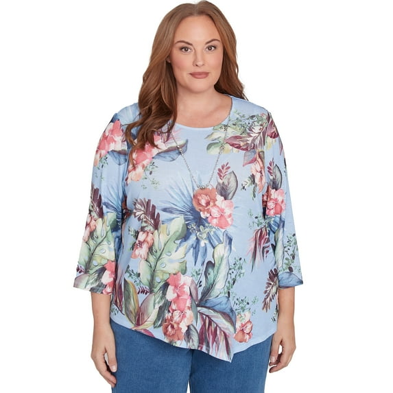 Alfred Dunner Womens Plus-Size Tropical Print Knit Top With Necklace