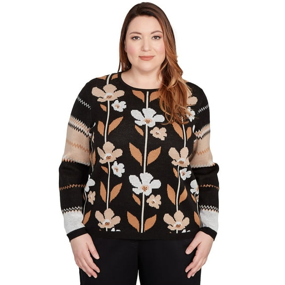 Alfred Dunner Womens Plus-Size Vertical Flower Zig Zag Sweater