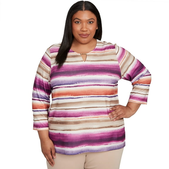 Alfred Dunner Womens Plus-Size Watercolor Biadere Beaded Split Neck Top