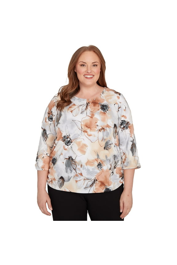 Womens Plus-Size Watercolor Floral Gathered Sides Top