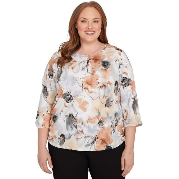 Alfred Dunner Womens Plus-Size Watercolor Floral Gathered Sides Top