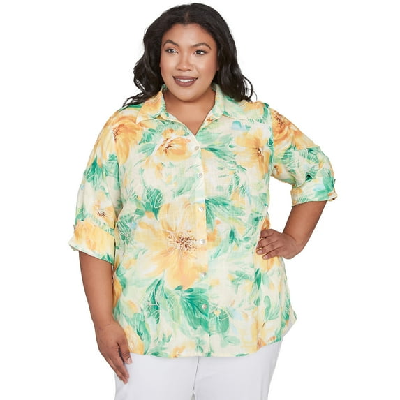 Alfred Dunner Womens Plus-Size Watercolor Floral Tie Sleeve Button Down Top
