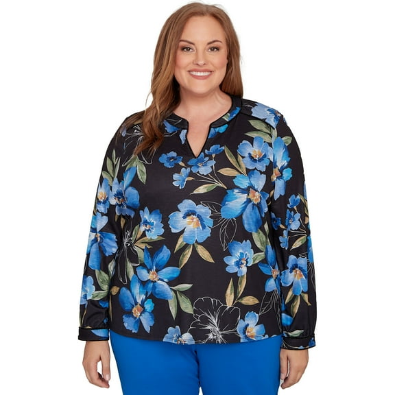 Alfred Dunner Womens Plus-Size Watercolor Floral Velvet Trim Top