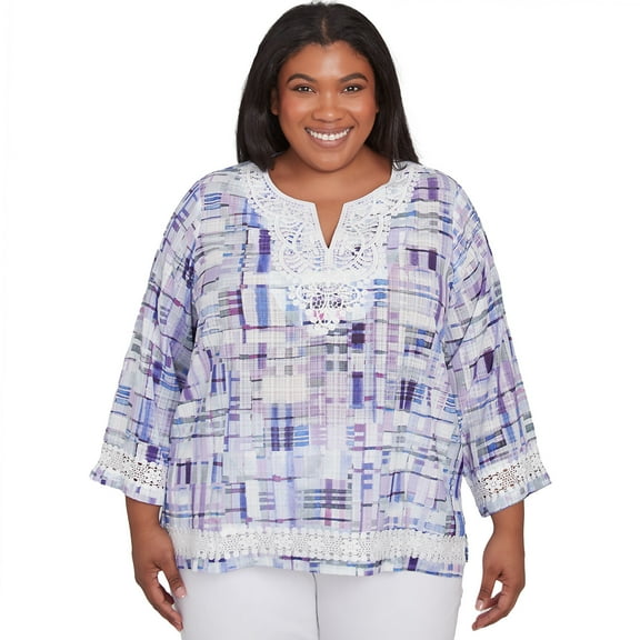 Alfred Dunner Womens Plus-Size Watercolor Plaid Lace Neck Top
