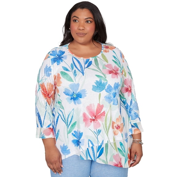 Alfred Dunner Womens Plus-Size Whimsical Flower Bell Sleeve Top
