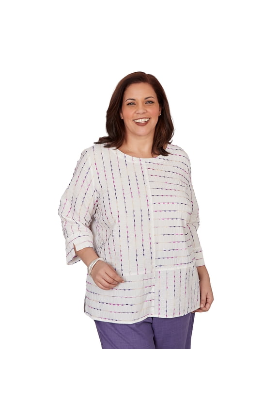 Womens Plus-Size White Textured Rainbow Stripe Top