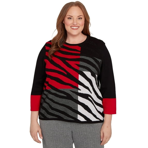 Alfred Dunner Womens Plus-Size Zebra Colorblock Long Sleeve Sweater