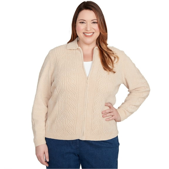 Alfred Dunner Womens Plus-Size Zip-Front Chenille Collared Cardigan