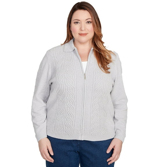 Alfred Dunner Womens Plus-Size Zip-Front Chenille Collared Cardigan
