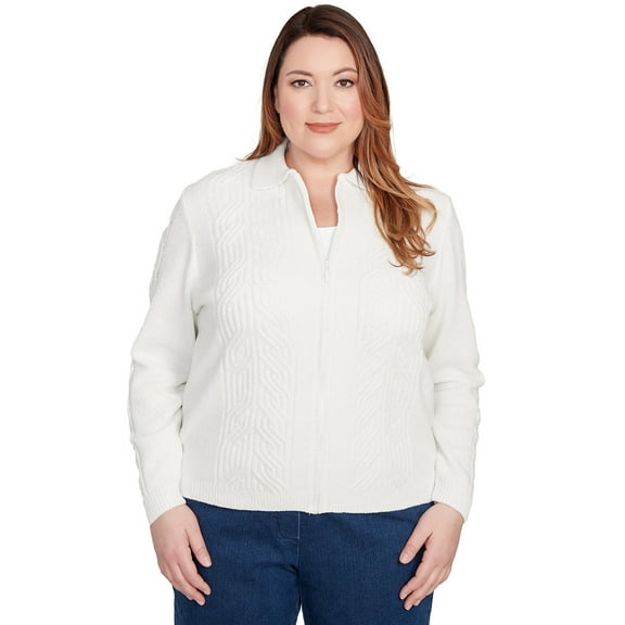 Alfred Dunner Womens Plus-Size Zip-Front Chenille Collared Cardigan