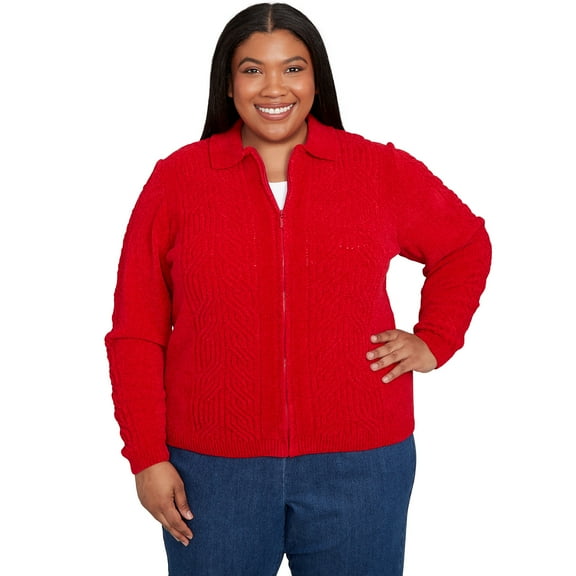 Alfred Dunner Womens Plus-Size Zip-Front Chenille Collared Cardigan
