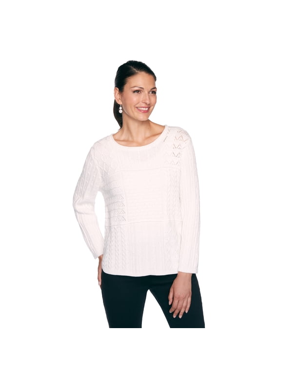 Womens Plus-size Classic Mixed Stitch PatchworkTextured Sweater with Jewel Neckline