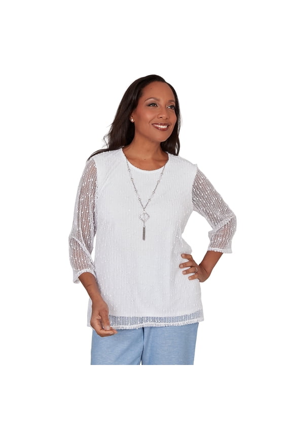 Womens Popcorn Mesh Solid Top With Necklace