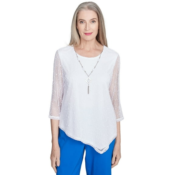 Alfred Dunner Womens Popcorn Mesh Top With Necklace