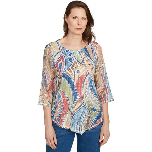 Alfred Dunner Womens Printed Leaf Textured Top With Necklace