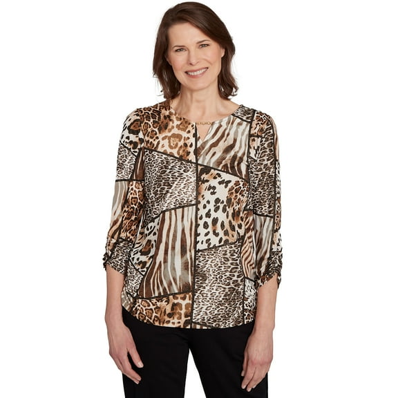 Alfred Dunner Womens Puff Print Animal Colorblock Top