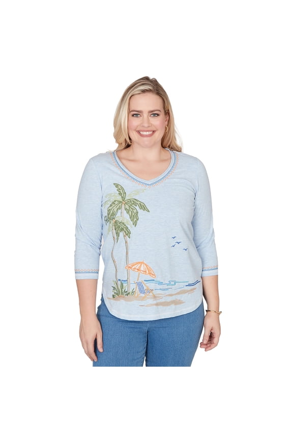 Womens Scenic Palm Tree Embroidered Top