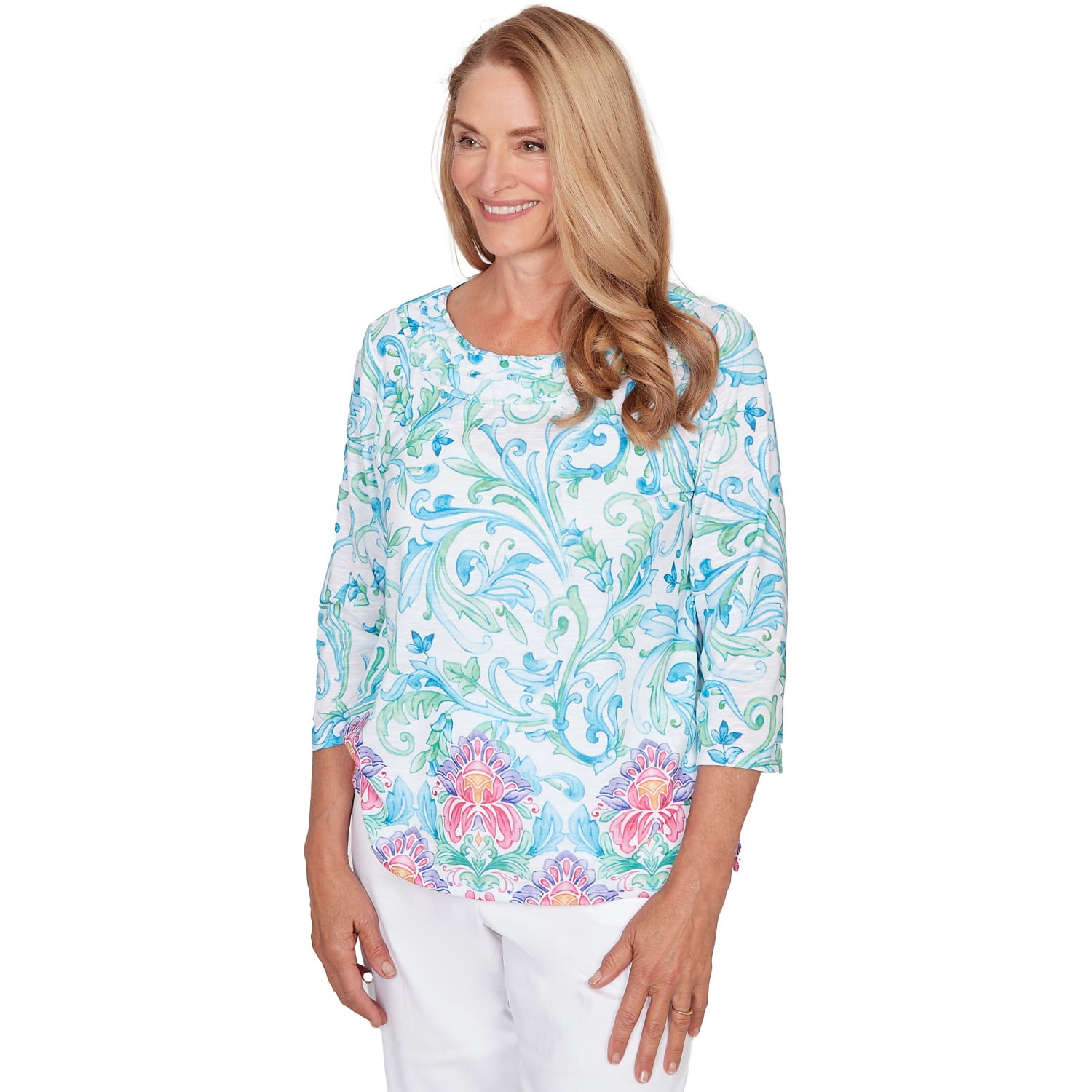 Alfred Dunner Womens Scroll Border Embellished Neck Top - Walmart.com