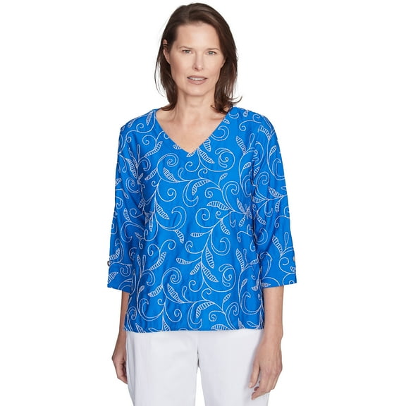 Alfred Dunner Womens Scroll Embroidered Cuff Sleeve Top