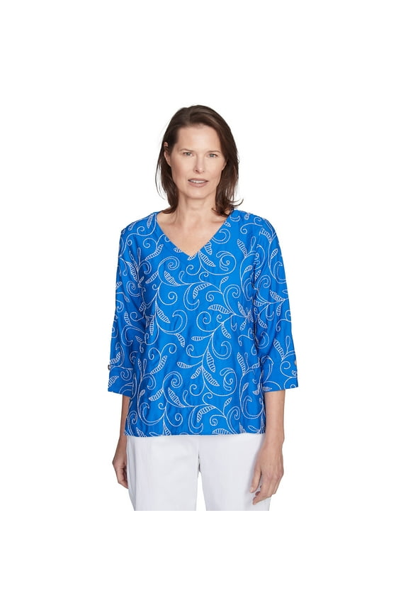 Womens Scroll Embroidered Cuff Sleeve Top
