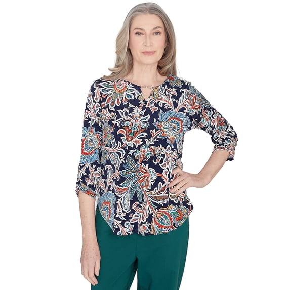 Alfred Dunner Womens Scroll Three Quarter Ruched Sleeve Top
