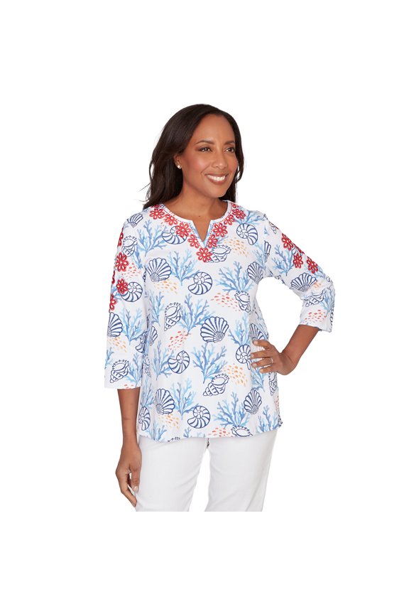 Womens Shell Print Embroidered Top