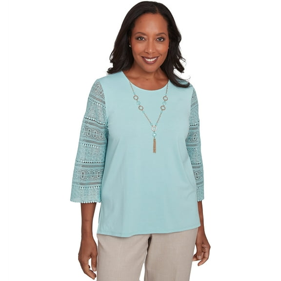 Alfred Dunner Womens Solid Lace Sleeve Knit Top With Necklace
