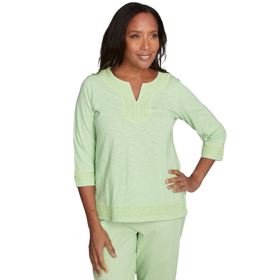 Alfred Dunner Womens Solid Split Neck Lace Trim Top