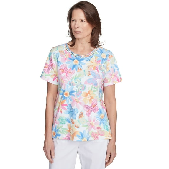 Alfred Dunner Womens Spring Butterfly Crew Neck Top