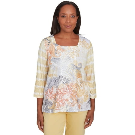 Alfred Dunner Womens Square Neck Paisley Geometric Top