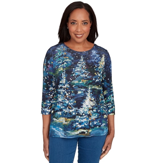 Alfred Dunner Womens Starry Night Holiday Tree Top