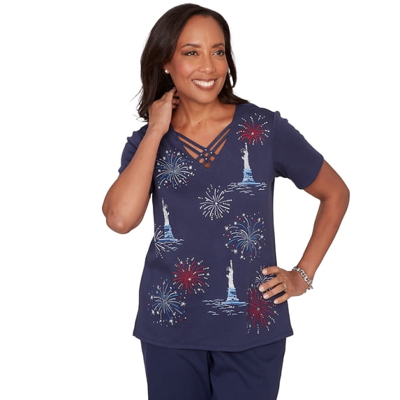 Alfred Dunner Womens Statue Of Liberty Fireworks Tee