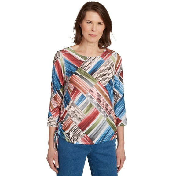 Alfred Dunner Womens Stripe Patchwork Ruched Sides Top