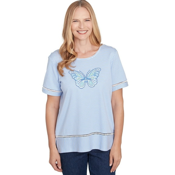 Alfred Dunner Womens Striped Butterfly Short Sleeve Tee