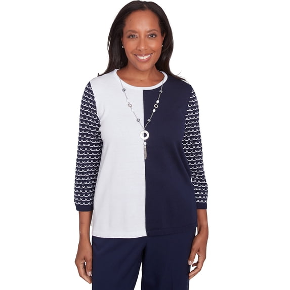Alfred Dunner Womens Striped Sleeve Colorblock Sweater With Necklace
